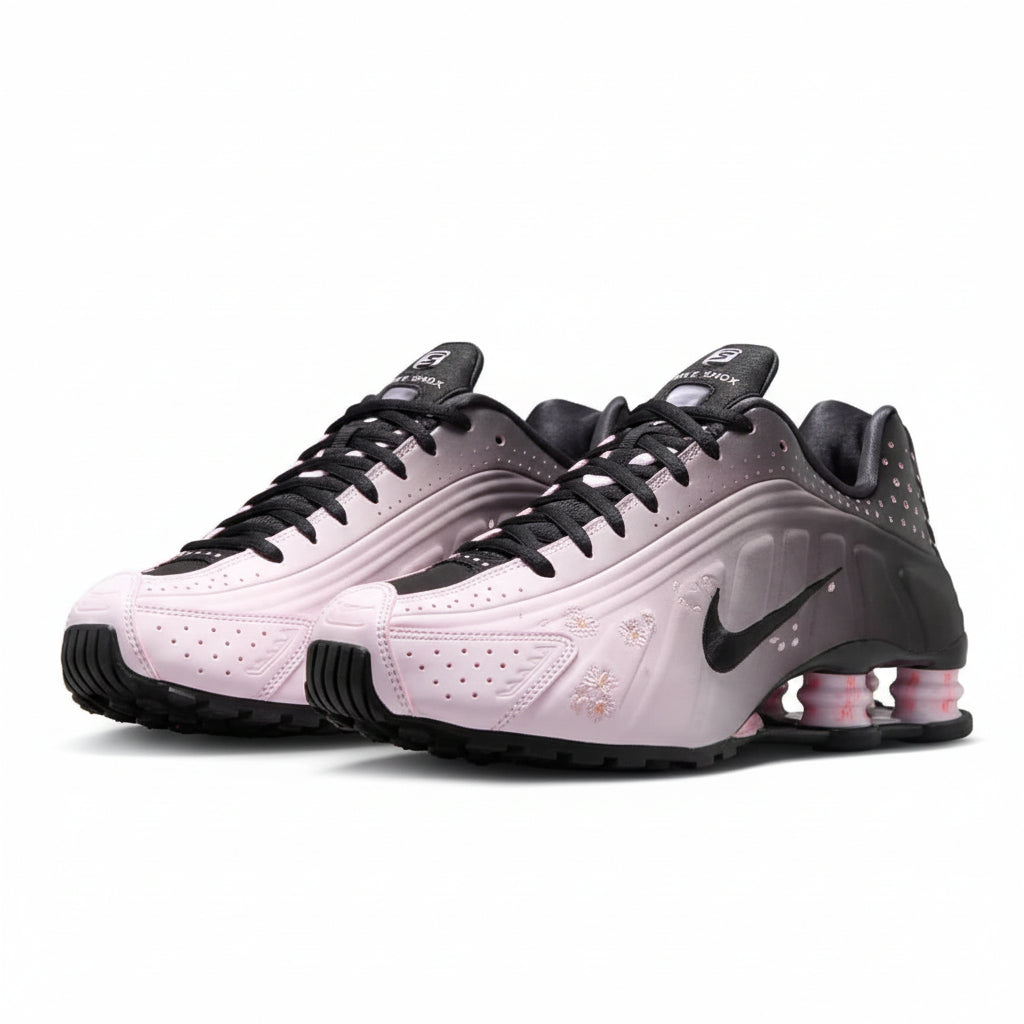 Nike Shox R4 "Sakura" Women's Sneaker Pink/Black, Cherry Blossom Graphics.