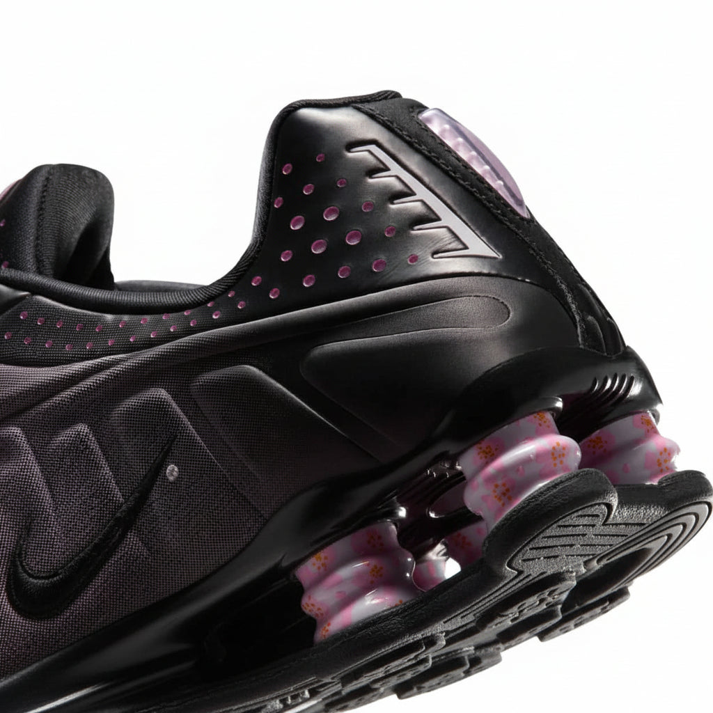 Nike Shox R4 "Sakura" Women's Sneaker Pink/Black, Cherry Blossom Graphics.