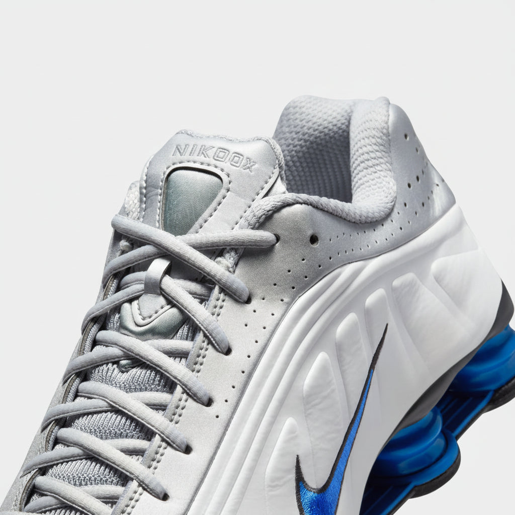 Nike Shox R4 White, Metallic Silver, Blue