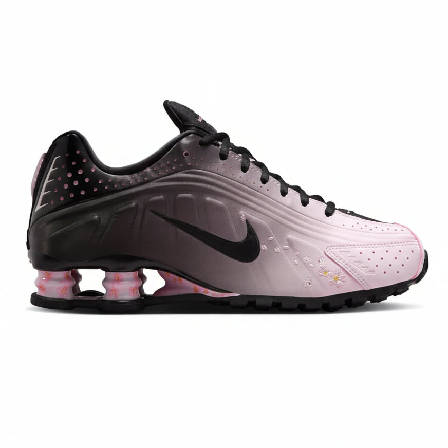 Nike Shox R4 "Sakura" Women's Sneaker Pink/Black, Cherry Blossom Graphics.