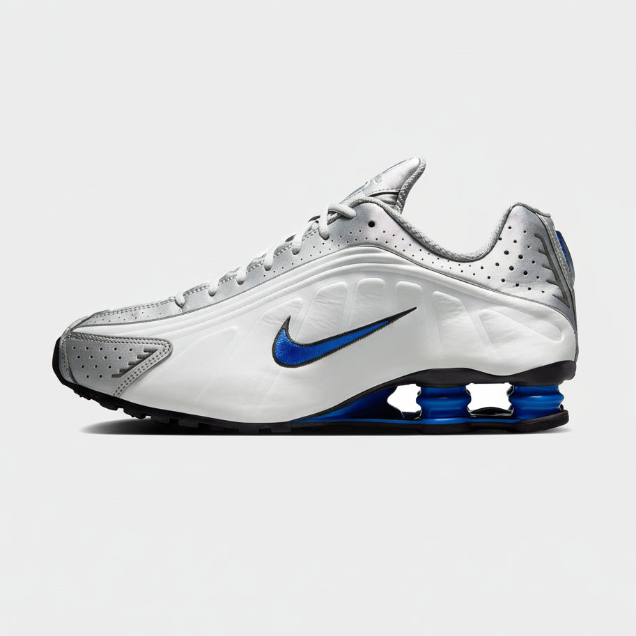 Nike Shox R4 White, Metallic Silver, Blue