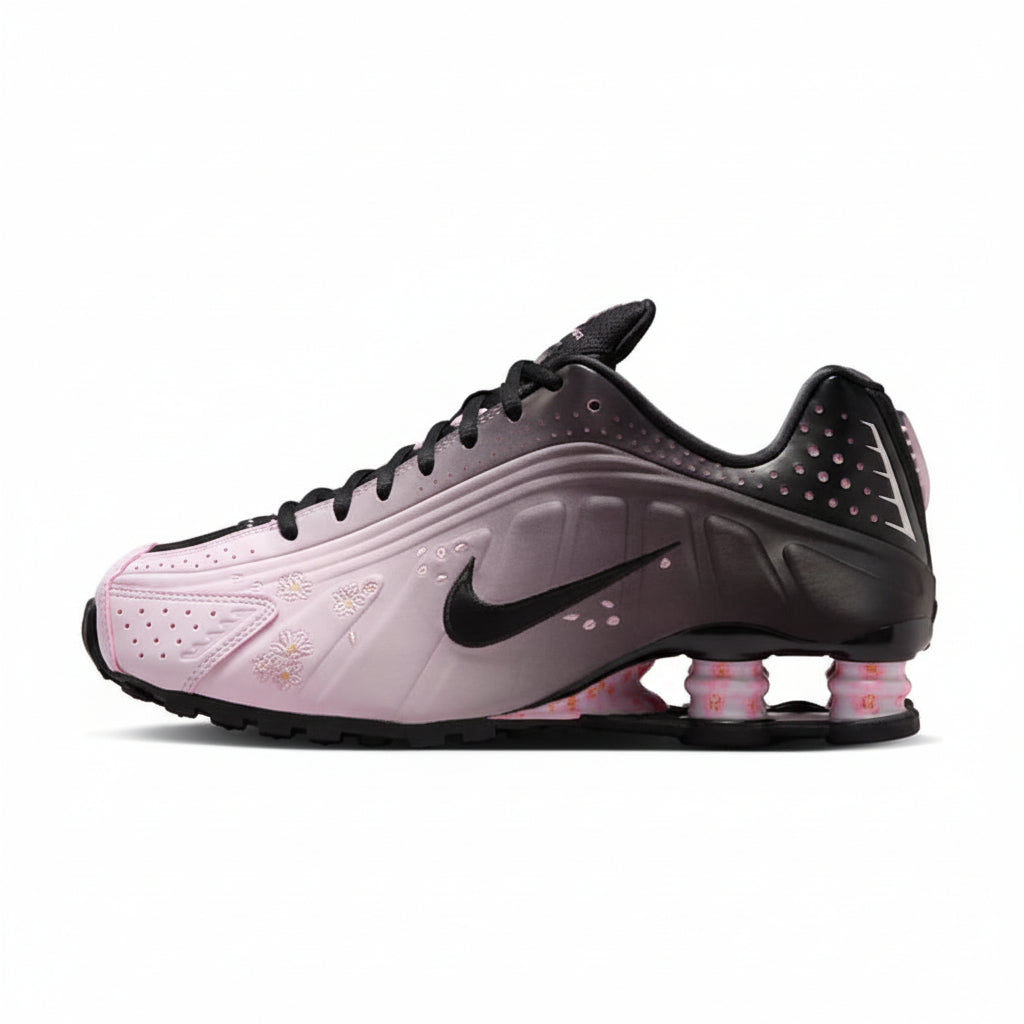 Nike Shox R4 "Sakura" Women's Sneaker Pink/Black, Cherry Blossom Graphics.